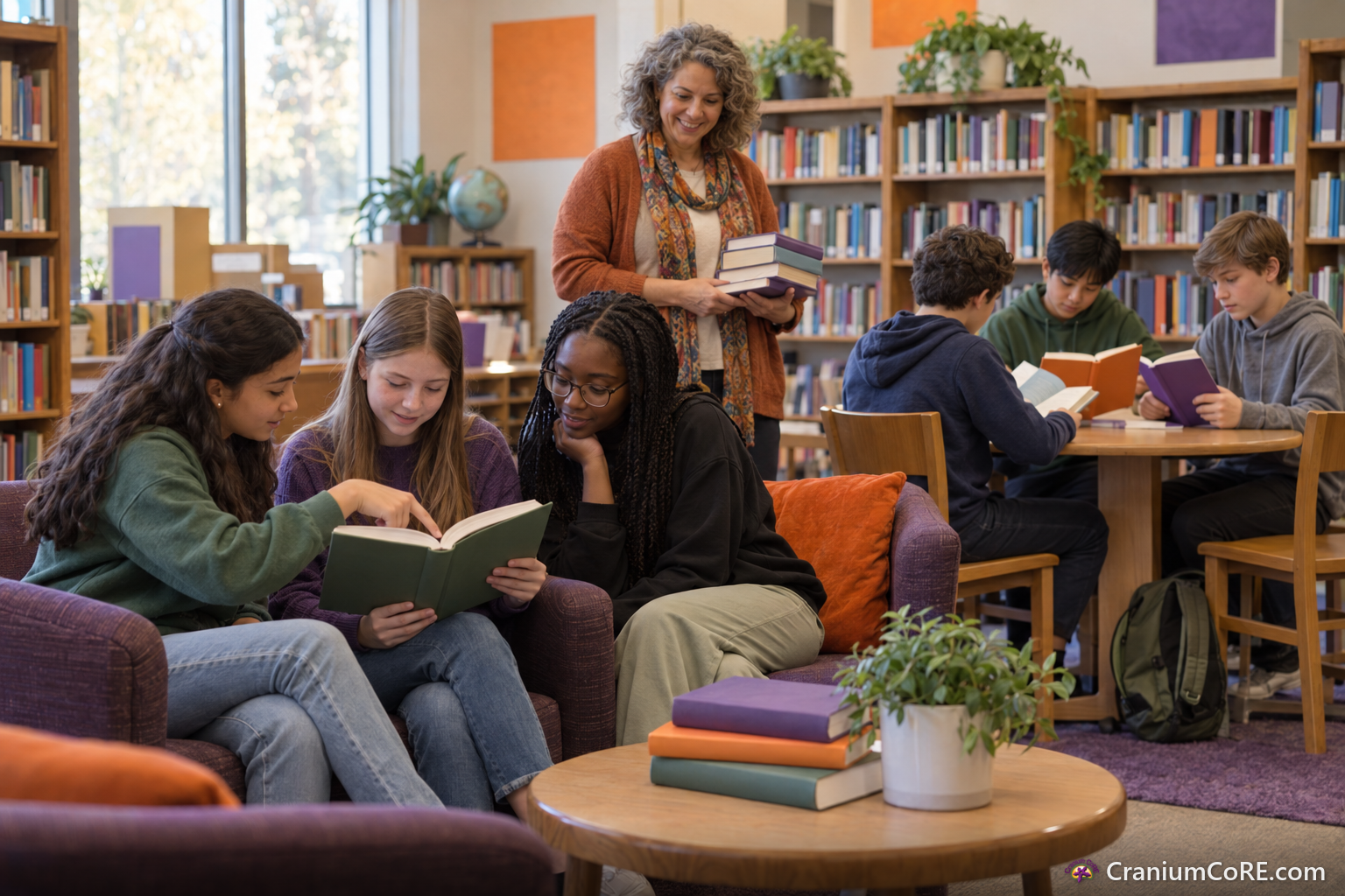 Students read their novels together in a school library while the librarian looks on.