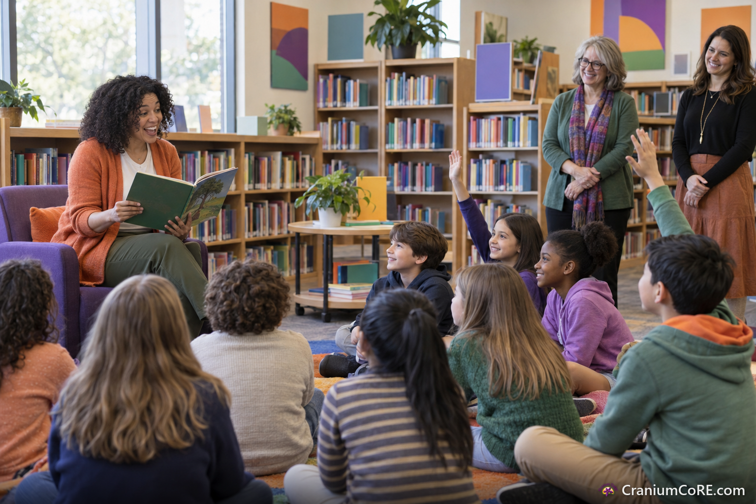 A children's book author reads aloud to students sitting on the carpet in a school library.