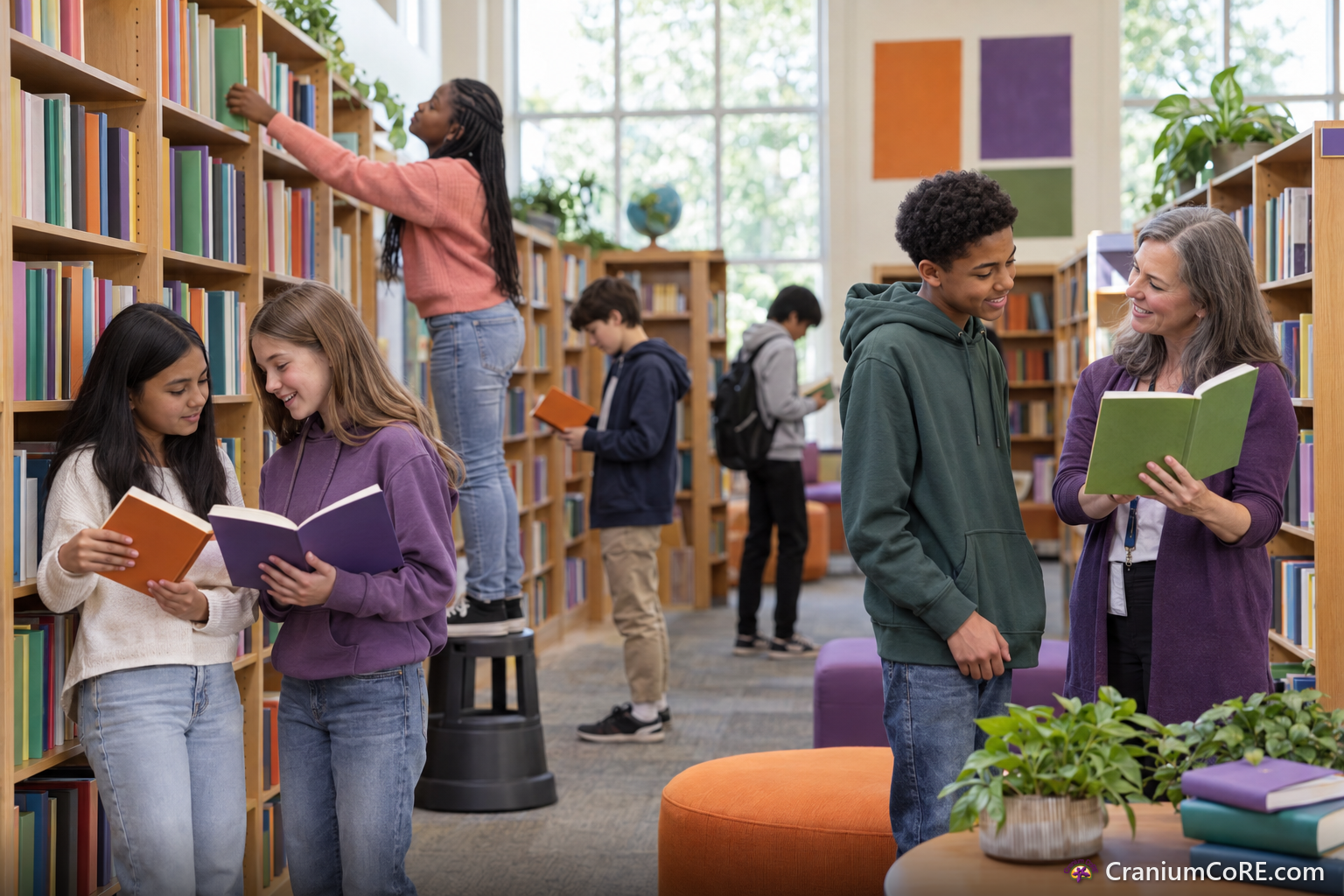 Students browse the shelves of a school library while the librarian recommends a novel.