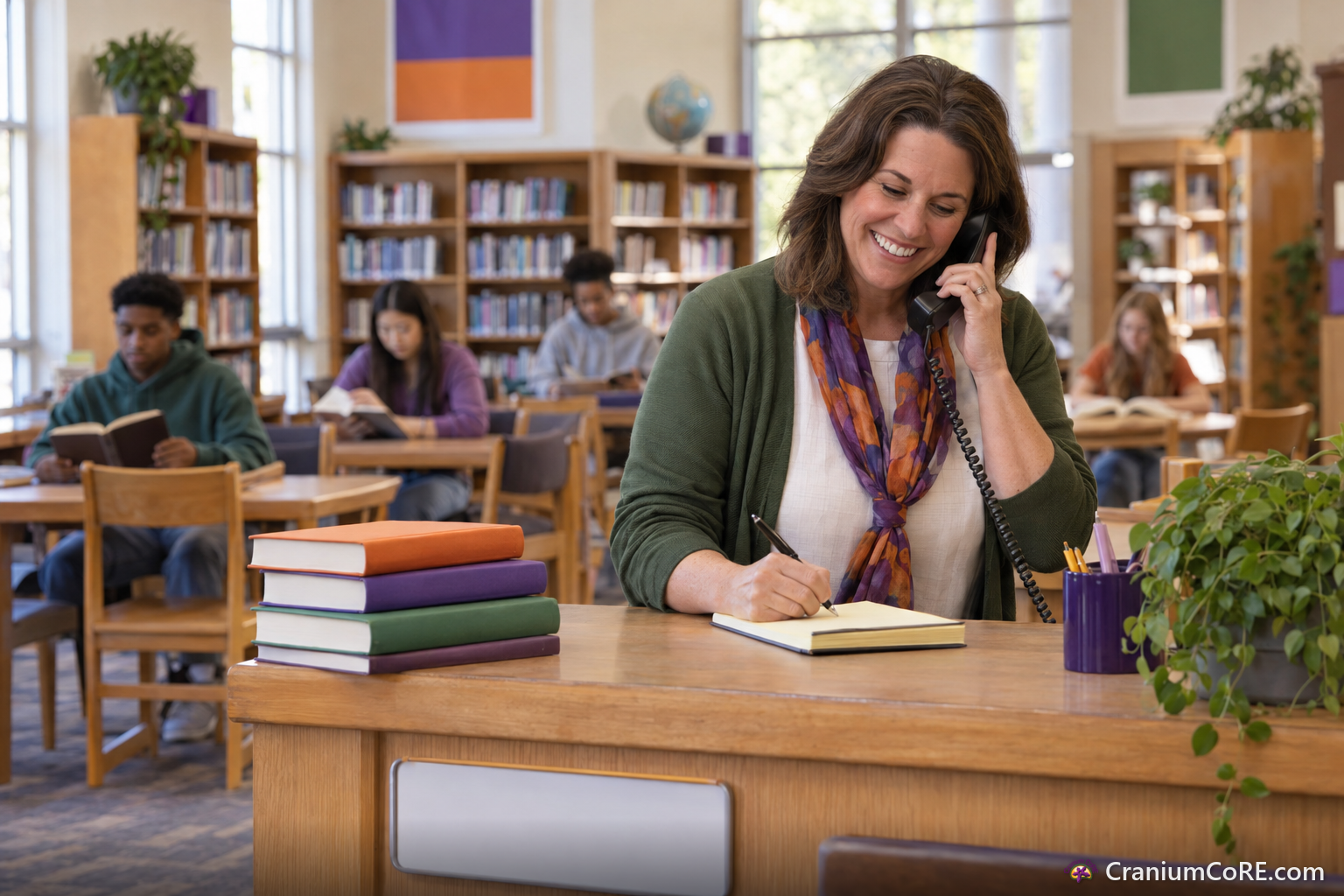 A smiling school librarian takes a call at the library desk while students read nearby.