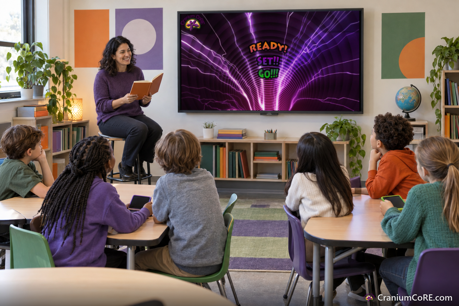 A teacher reads the novel aloud at the front of the class beside the screen, ready to start Cranium CoRE, as teams listen.