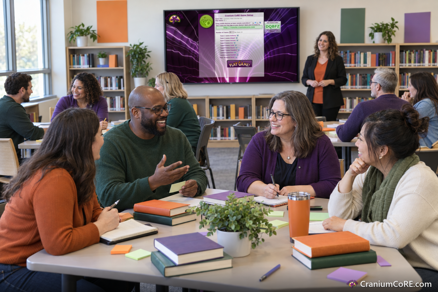 Teachers write Cranium CoRE game questions together at a workshop while the presenter hosts beside the screen.