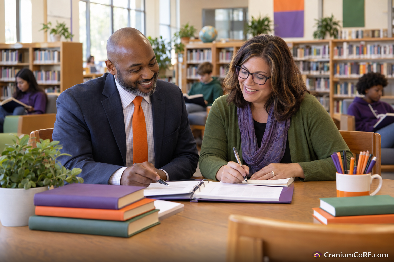 A school principal and the school librarian plan together over a binder at a library table.
