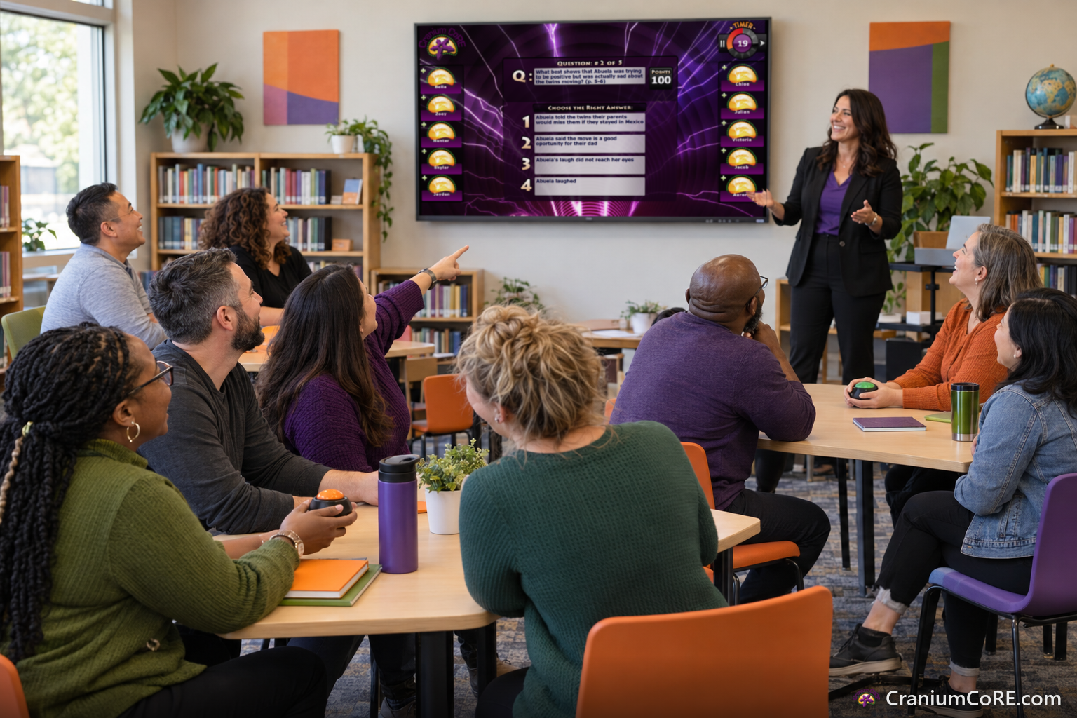 Teachers in teams play Cranium CoRE at a professional development session while the presenter hosts beside the screen.