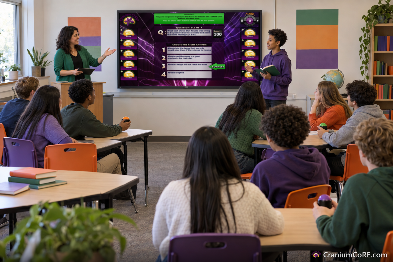 A student stands to explain his team's answer with the book in hand while the teacher hosts beside the Cranium CoRE screen.
