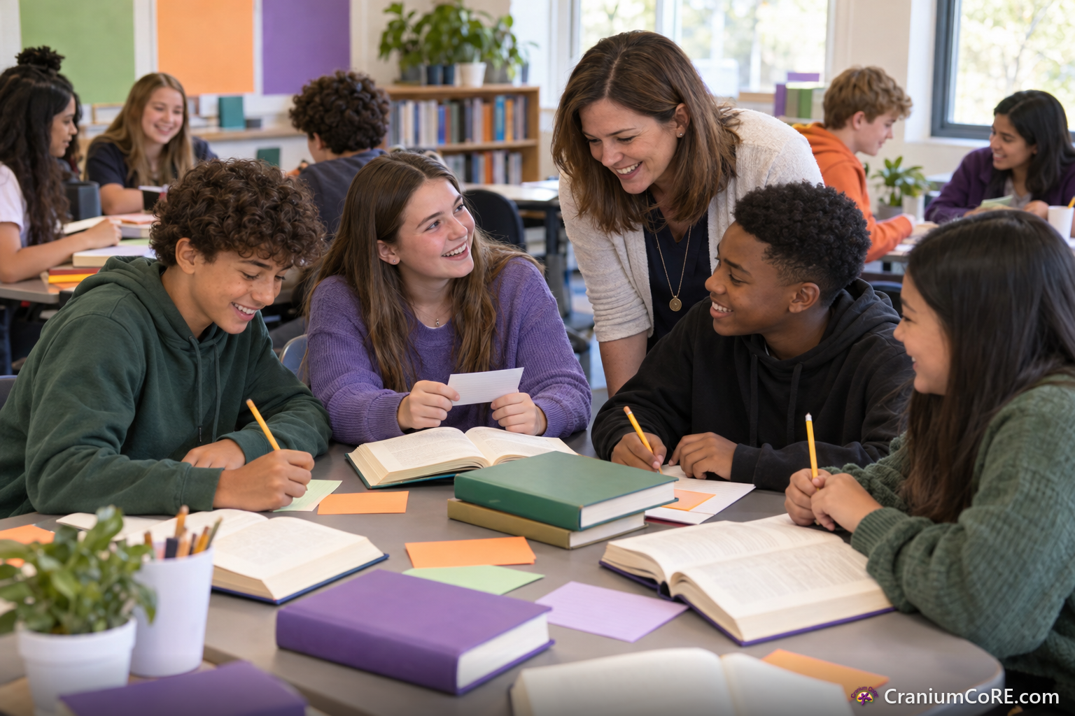 A team of students writes its own reading game questions on paper and index cards while the teacher helps.