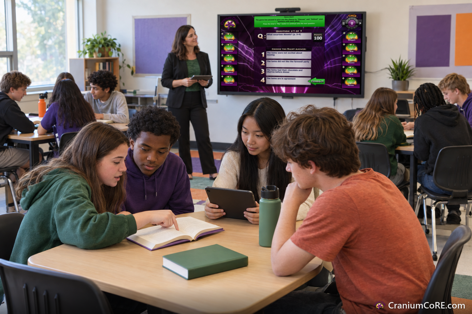 A student points to the passage in the novel that proves her team's answer while the answer person holds the team tablet.