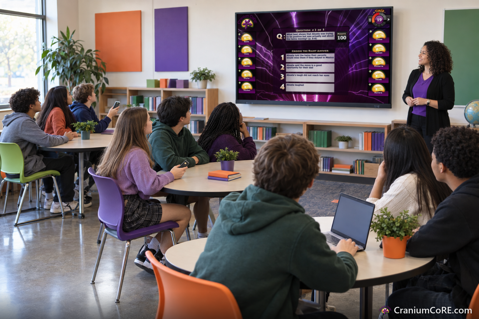 Teams at round tables answer with one device each - a laptop, a tablet, a phone - while looking up at a Cranium CoRE question.