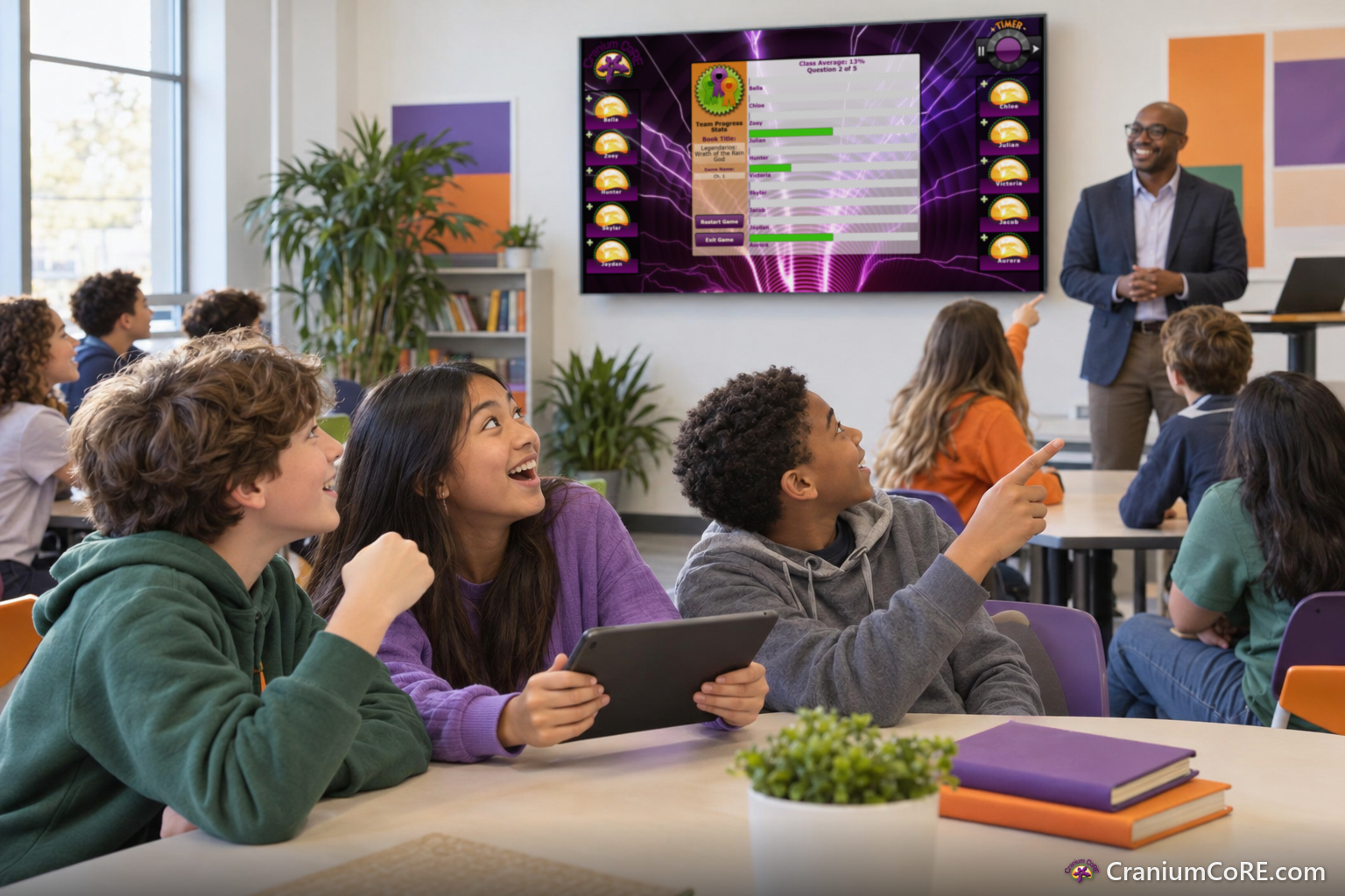 A team of three students, one holding the team tablet, look up excitedly at the Cranium CoRE game on the classroom screen.