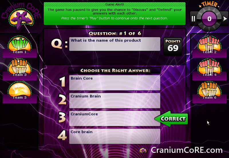 Correct answer revealed with green banner in Cranium CoRE