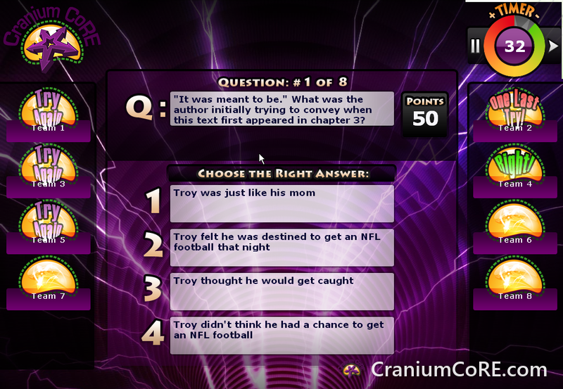 Cranium CoRE game question with four answer choices and team buzzers