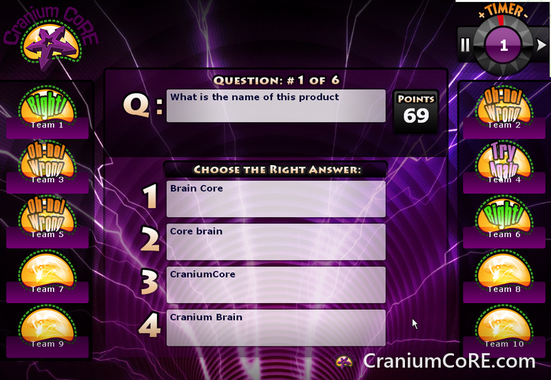 Question screen with ten teams and a countdown timer