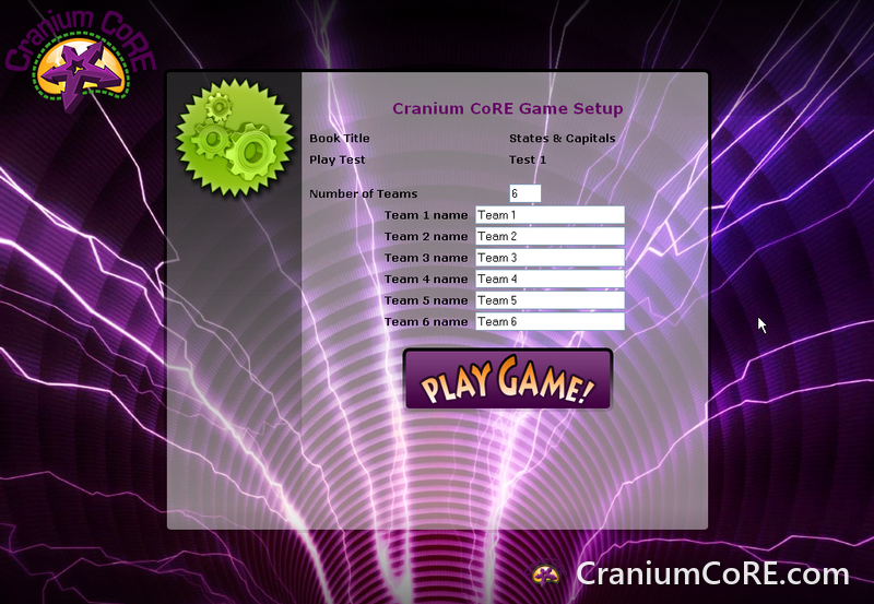 Cranium CoRE game setup screen with team names and Play Game button
