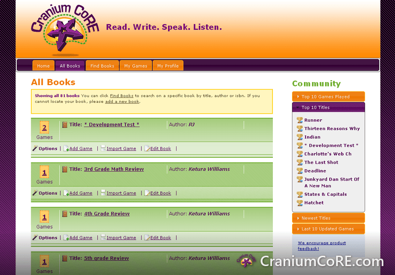 Web app list of games built from books